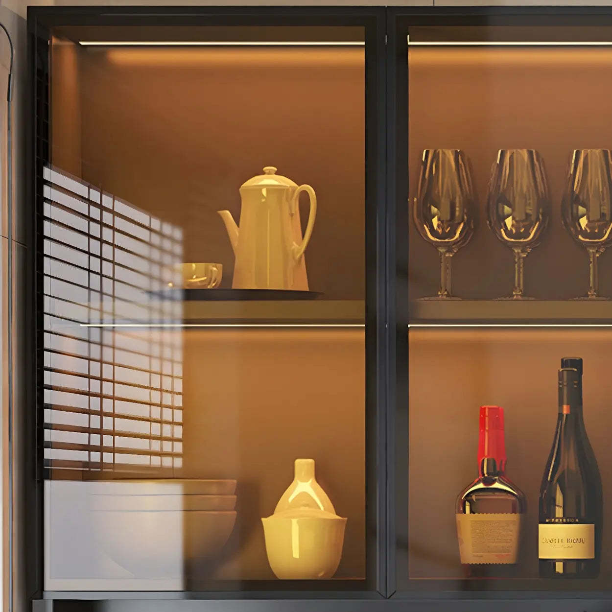 Wall-Mount Gray Wooden China Cabinet — Brown Glass