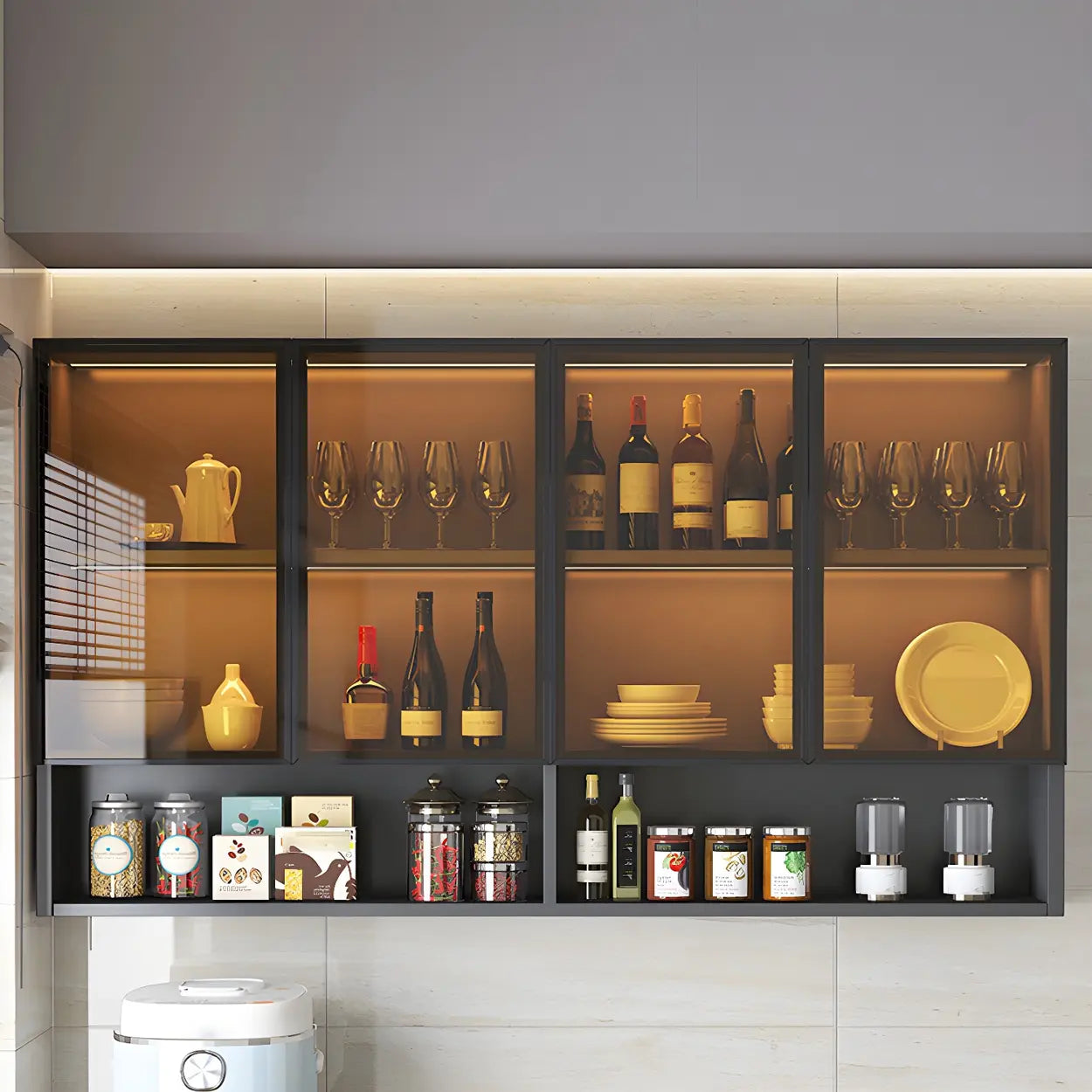 Wall-Mount Gray Wooden China Cabinet — Brown Glass