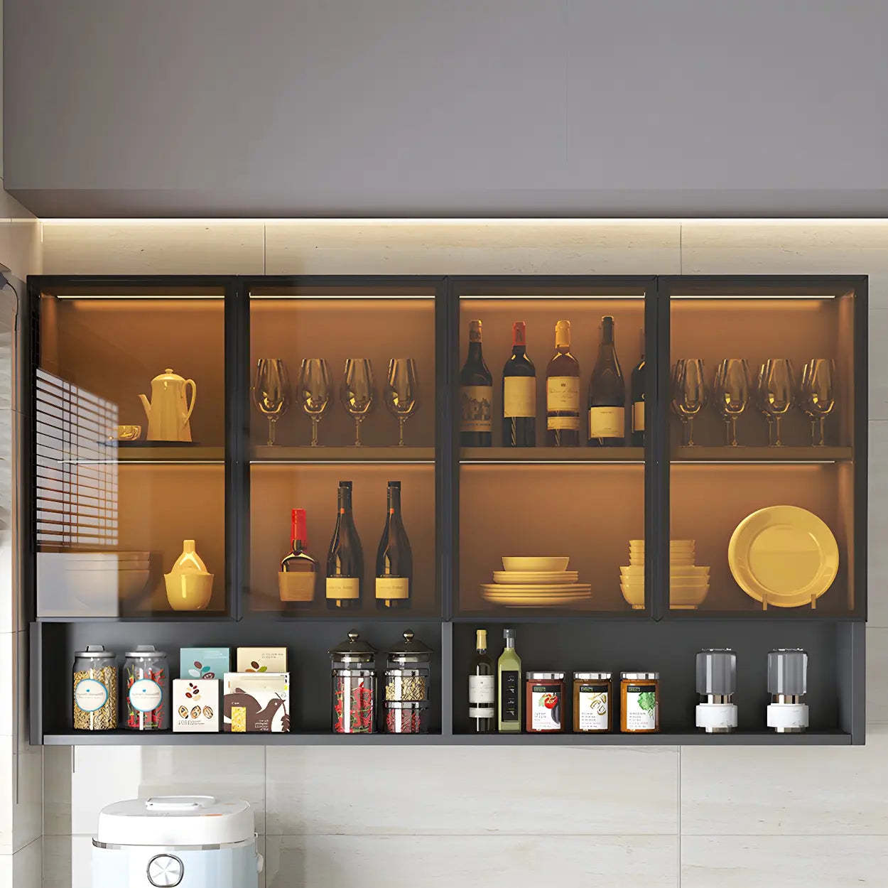 Wall-Mount Gray Wooden China Cabinet — Brown Glass