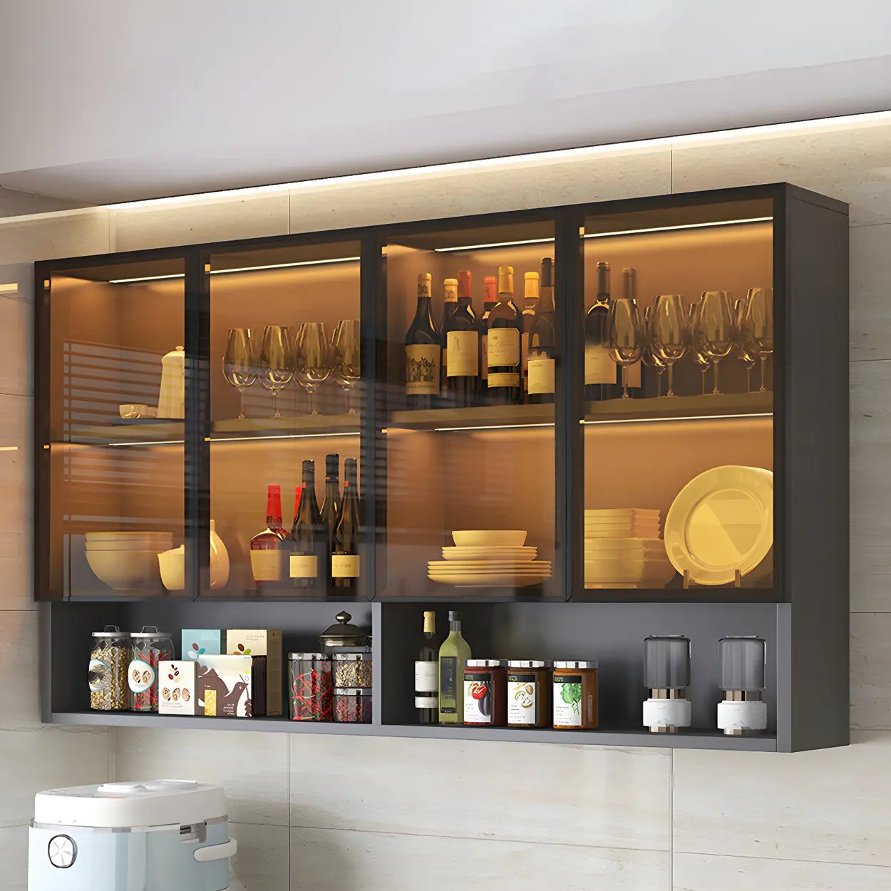Wall-Mount Gray Wooden China Cabinet — Brown Glass