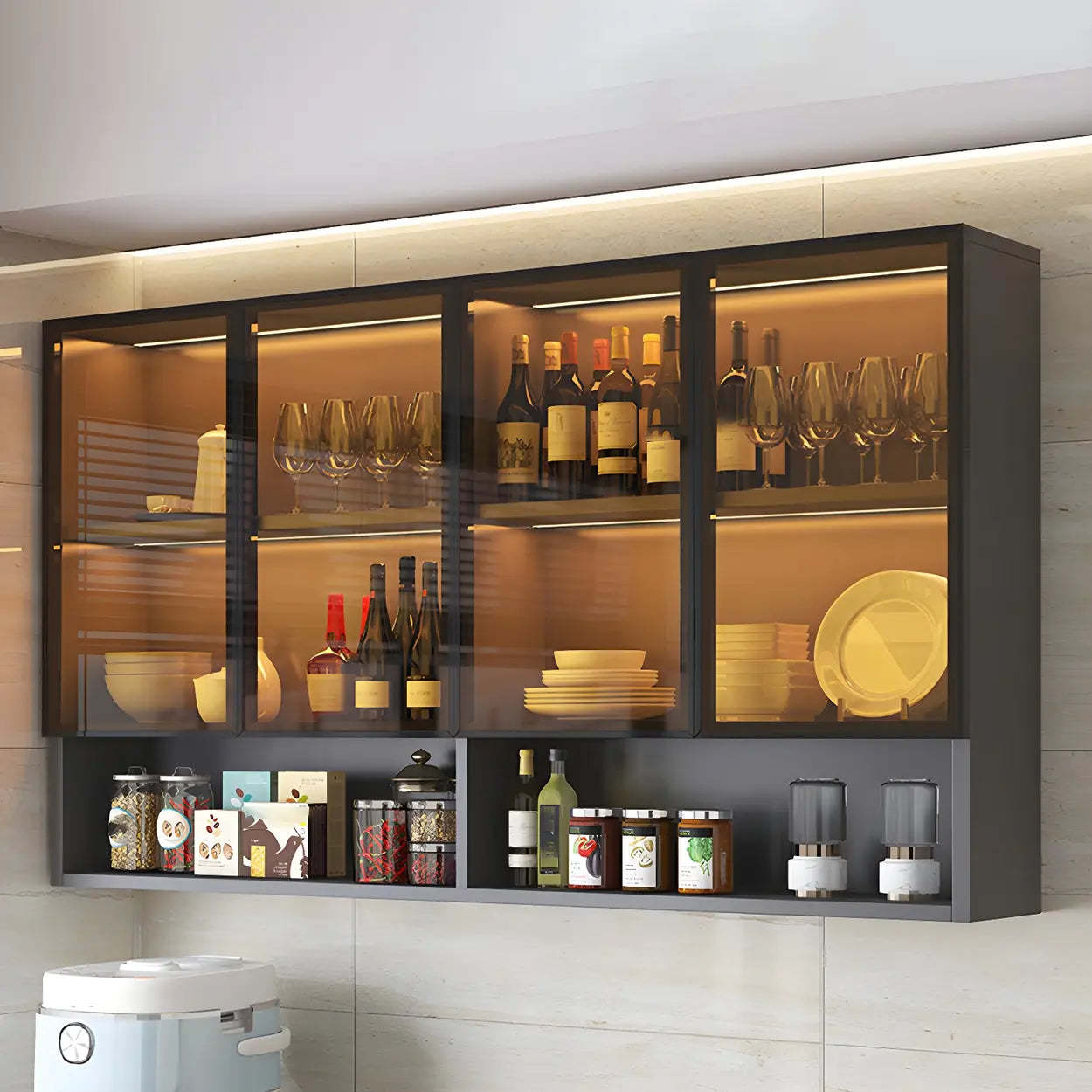Wall-Mount Gray Wooden China Cabinet — Brown Glass