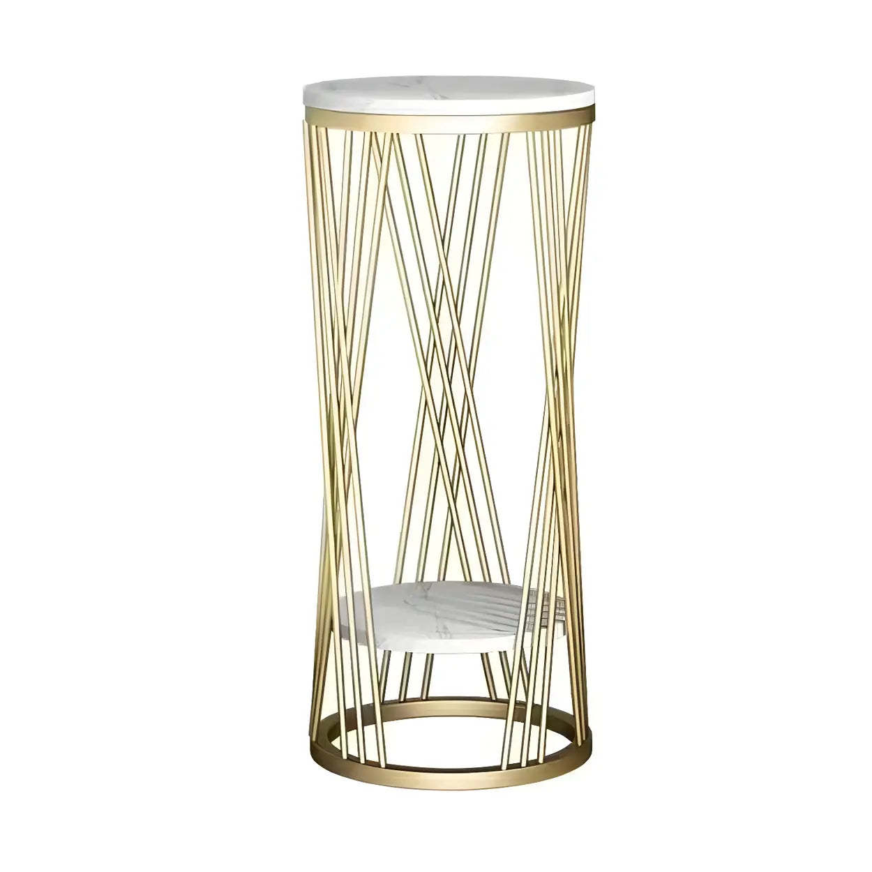 Round Gold Faux Marble 2-Tier Plant Stand — Black