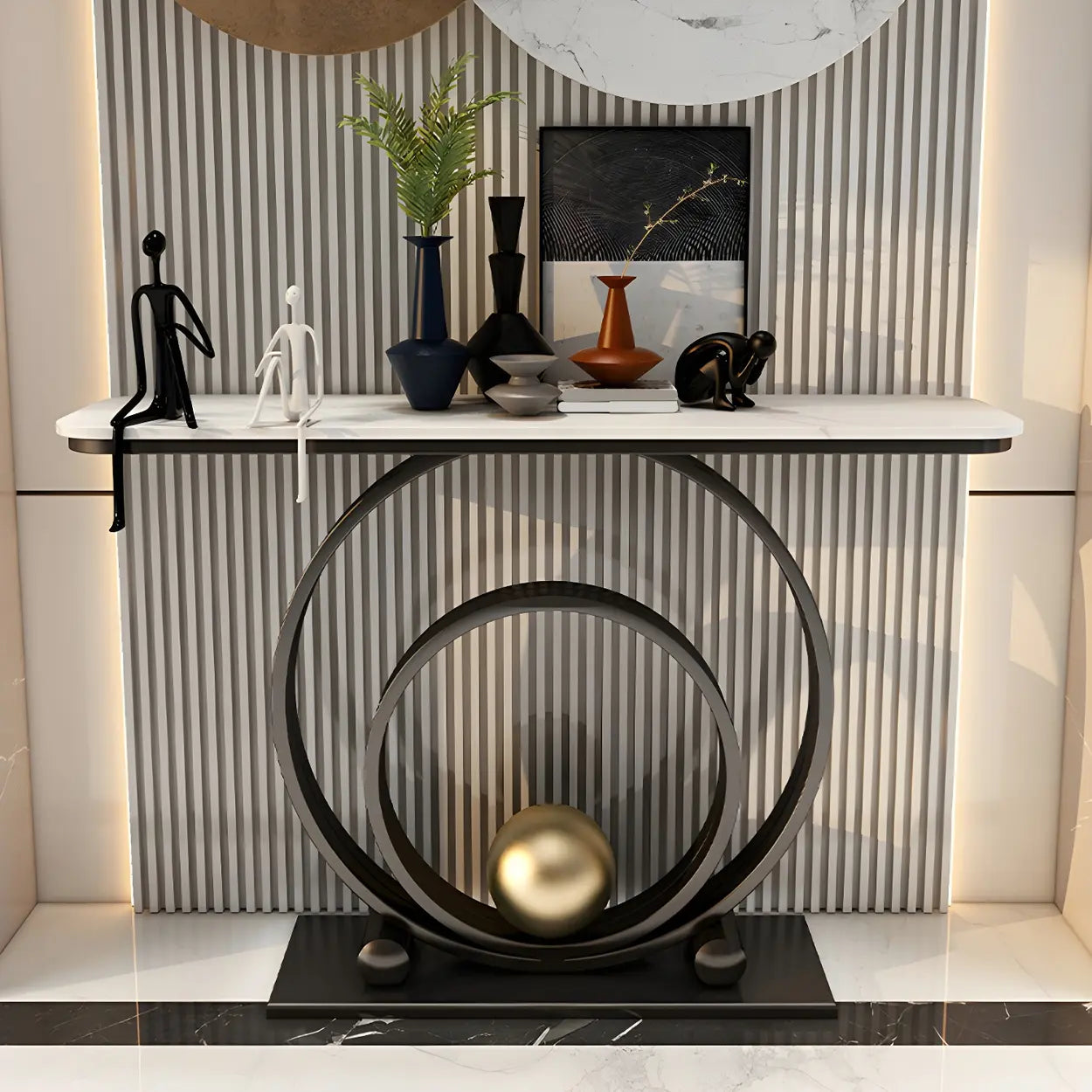 Double Iron-Circle Base White Stone Console Table