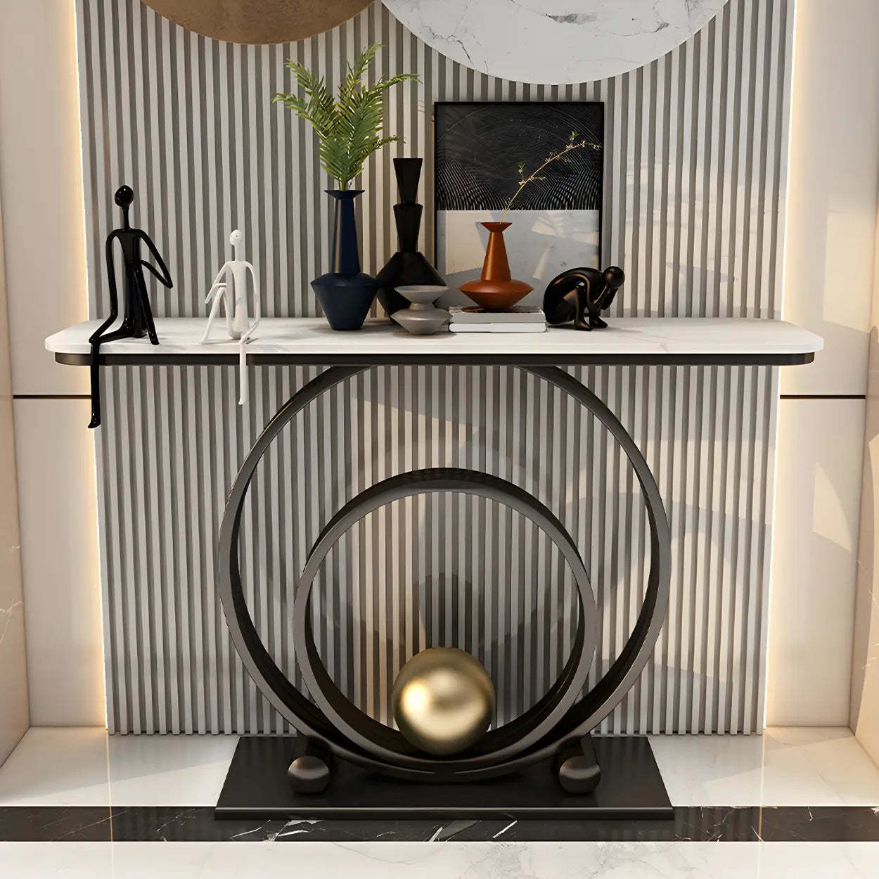 Double Iron-Circle Base White Stone Console Table — Black / Gray