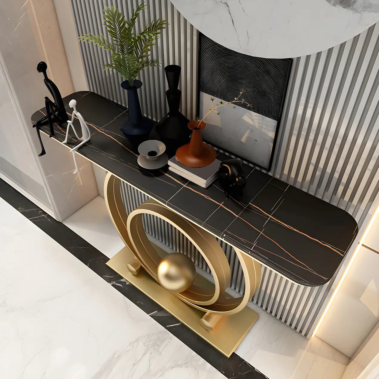 Double Iron-Circle Base White Stone Console Table — Gold / Gray