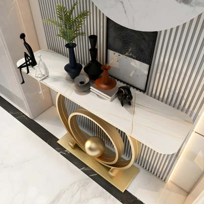 Double Iron-Circle Base White Stone Console Table — Gold / White