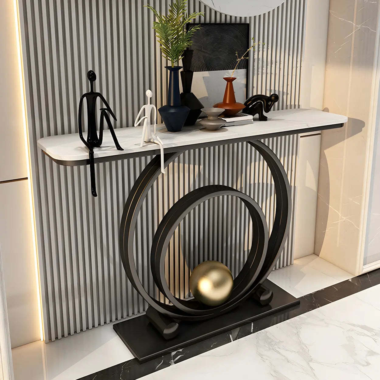 Double Iron-Circle Base White Stone Console Table — Black / White