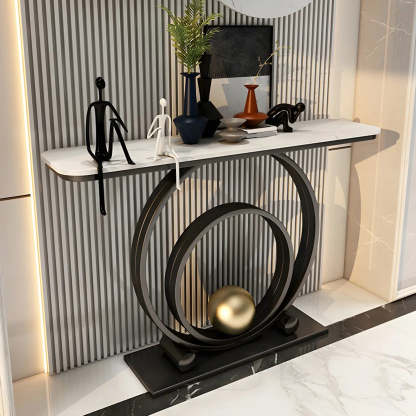 Double Iron-Circle Base White Stone Console Table — Black / White