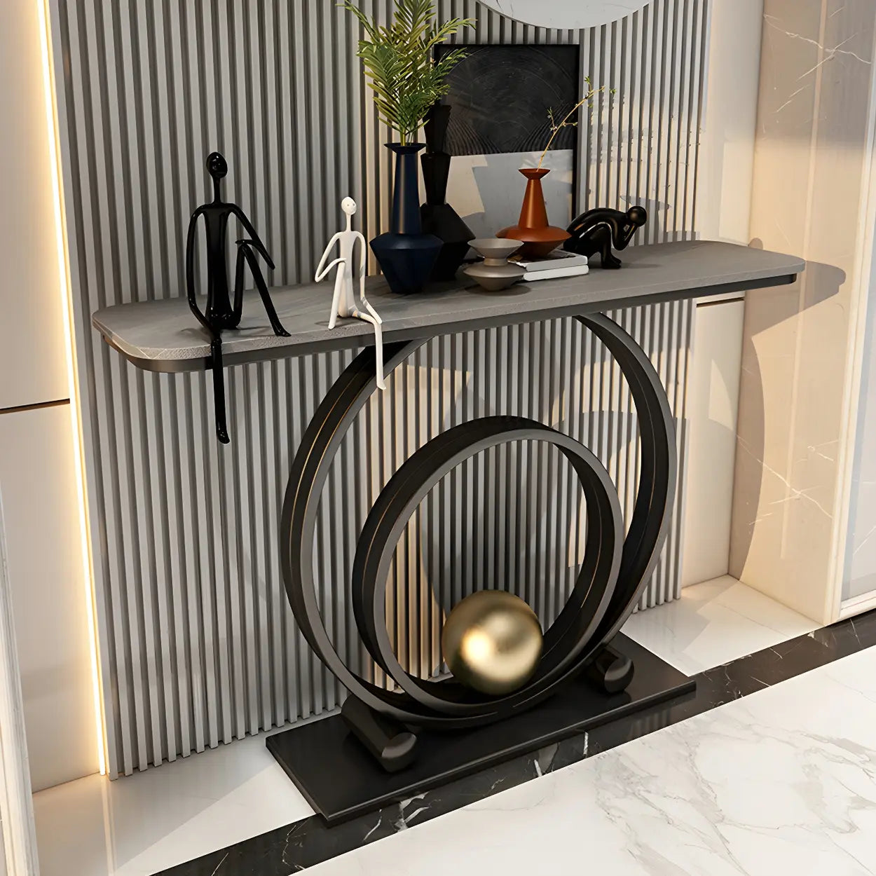 Double Iron-Circle Base White Stone Console Table — Black / White/ Gold