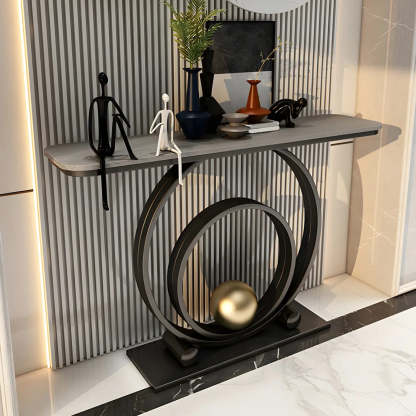 Double Iron-Circle Base White Stone Console Table — Black / White/ Gold