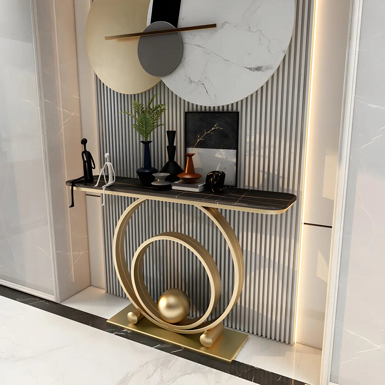 Double Iron-Circle Base White Stone Console Table — Gold / Gray