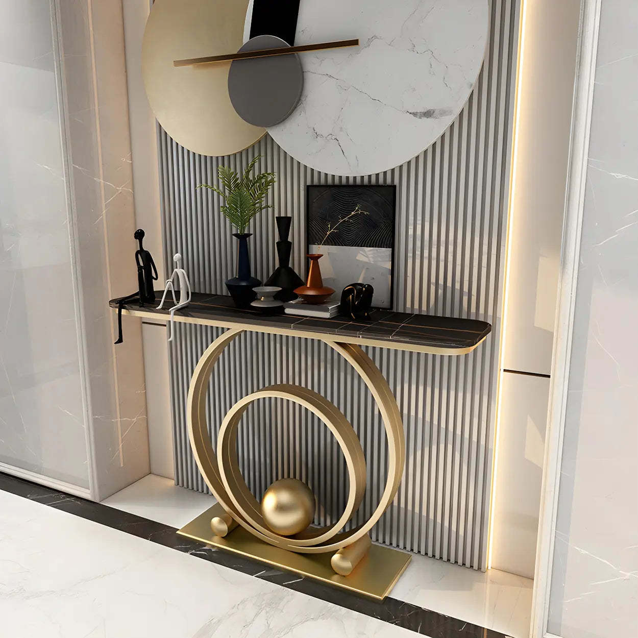 Double Iron-Circle Base White Stone Console Table — Gold / Gray