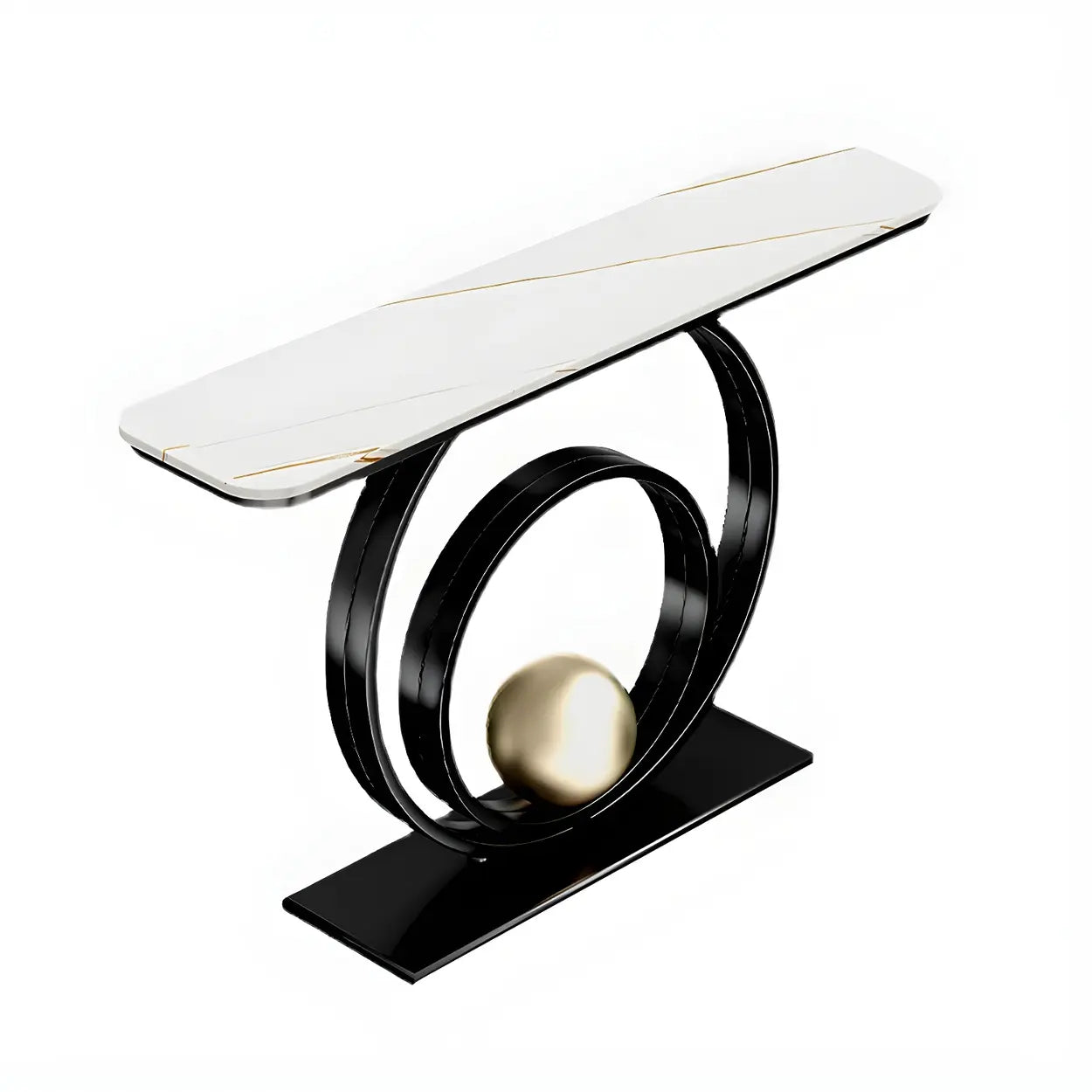 Double Iron-Circle Base White Stone Console Table — Gold / White