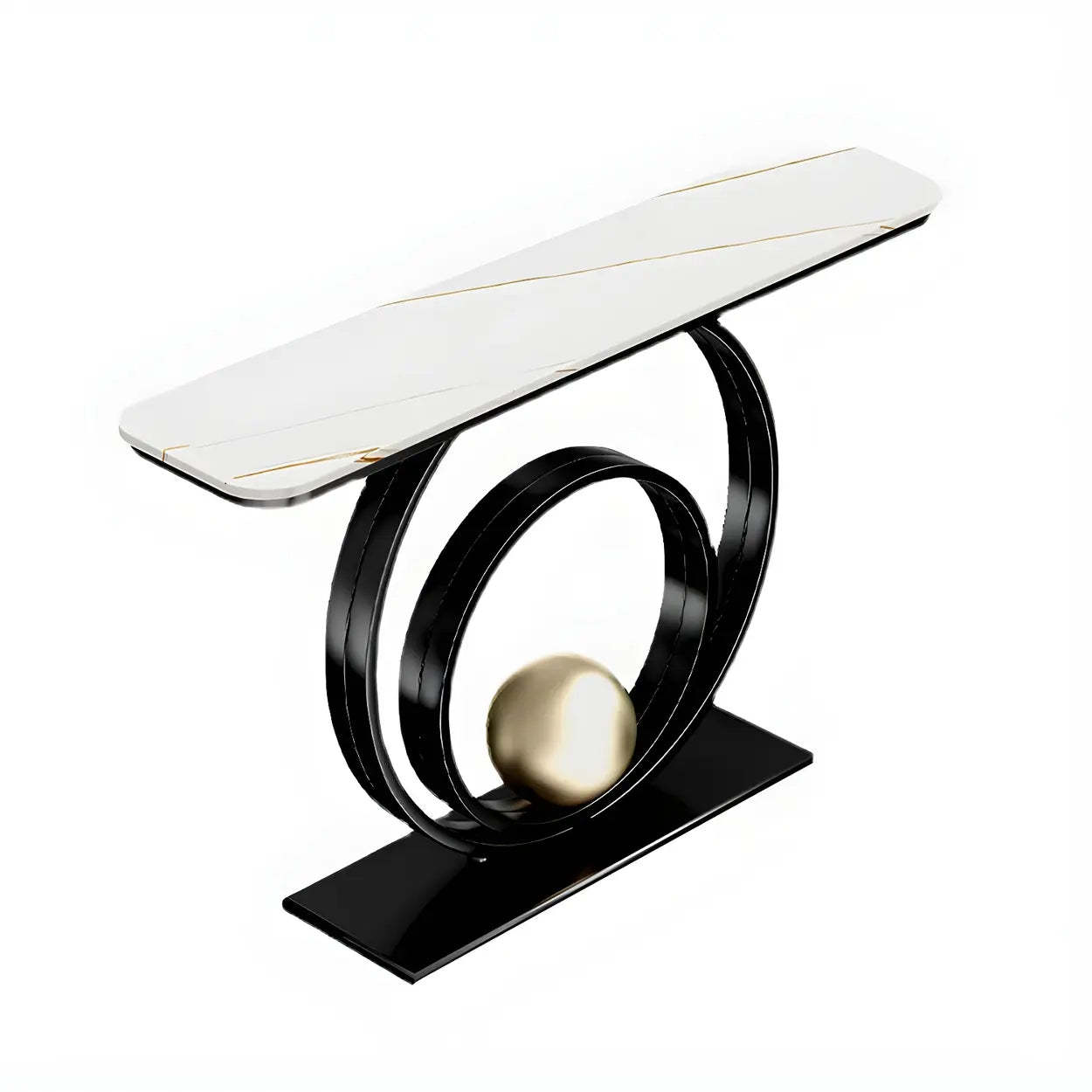 Double Iron-Circle Base White Stone Console Table — Gold / White