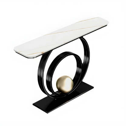 Double Iron-Circle Base White Stone Console Table — Gold / White