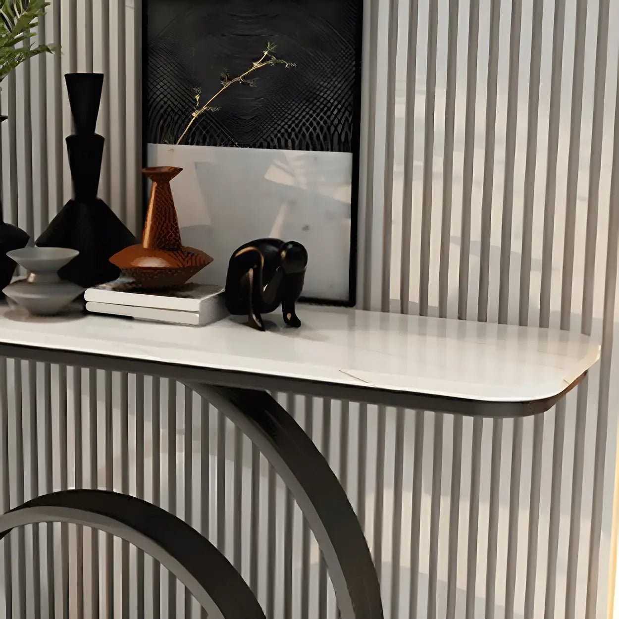 Double Iron-Circle Base White Stone Console Table — Gold / Black