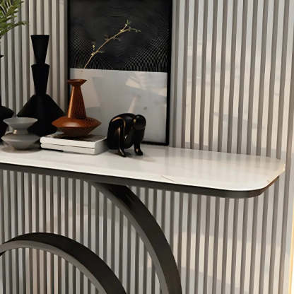 Double Iron-Circle Base White Stone Console Table — Gold / Black