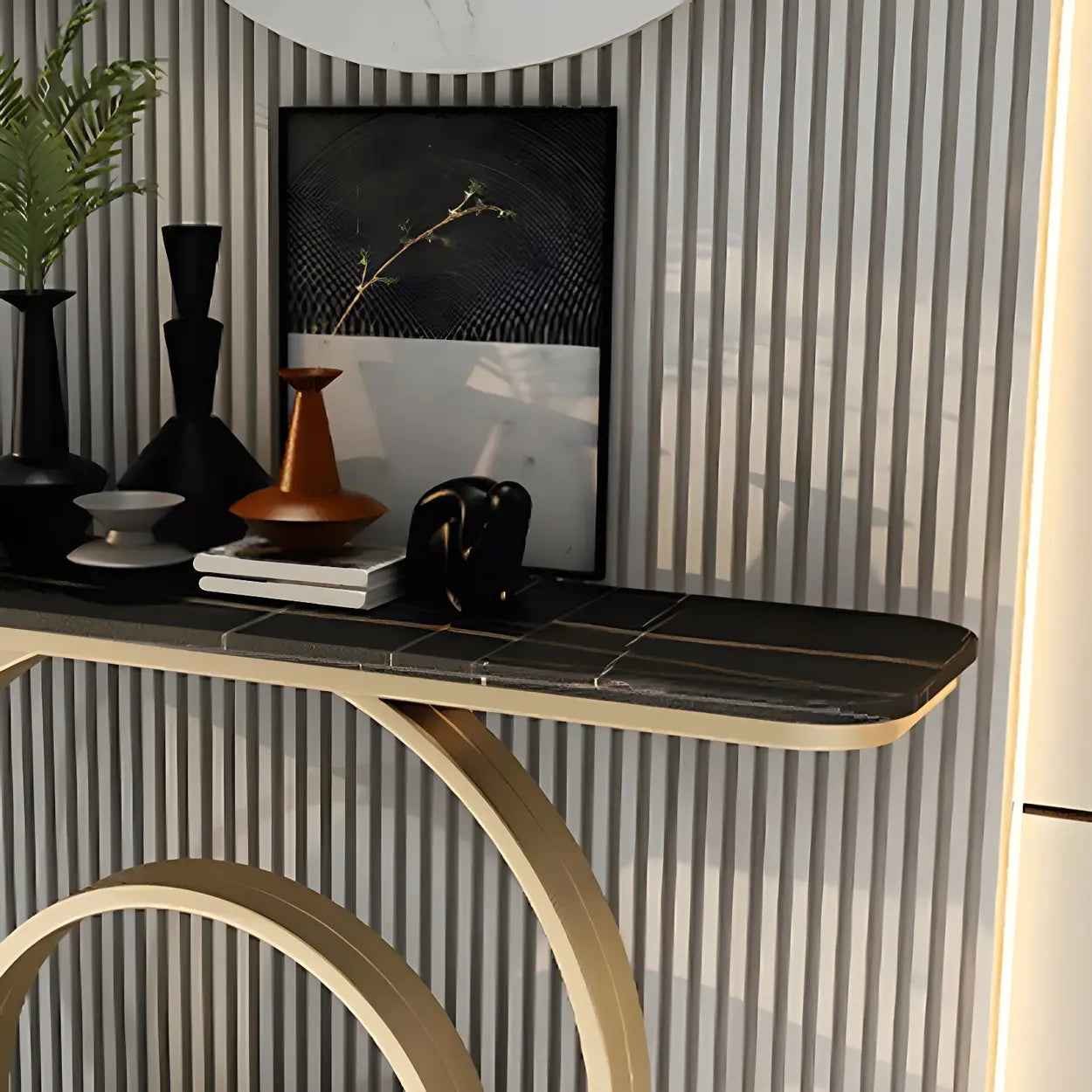 Double Iron-Circle Base White Stone Console Table — Black / Gray