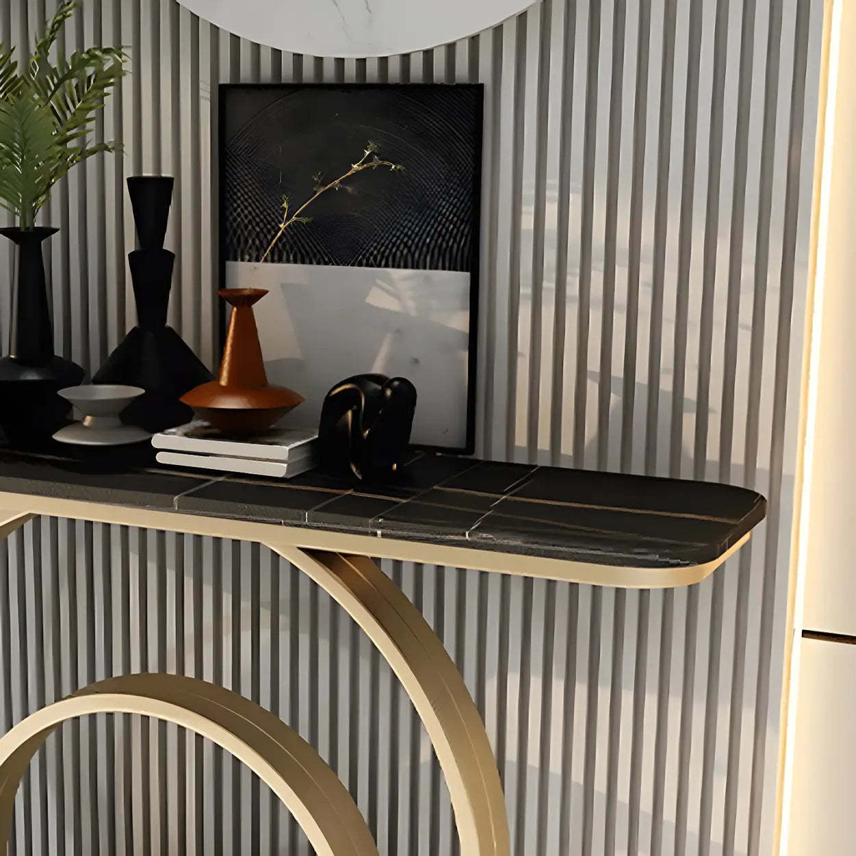 Double Iron-Circle Base White Stone Console Table — Black / Gray