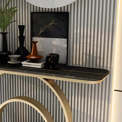 Double Iron-Circle Base White Stone Console Table — Black / Gray