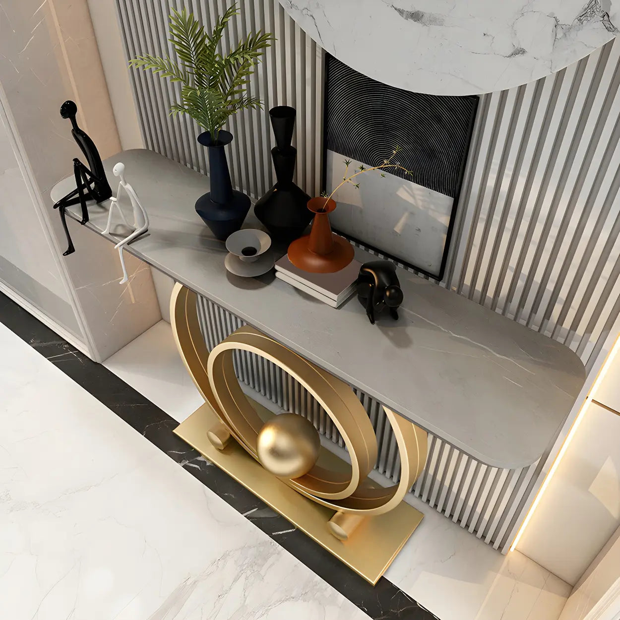 Double Iron-Circle Base White Stone Console Table — Black / White