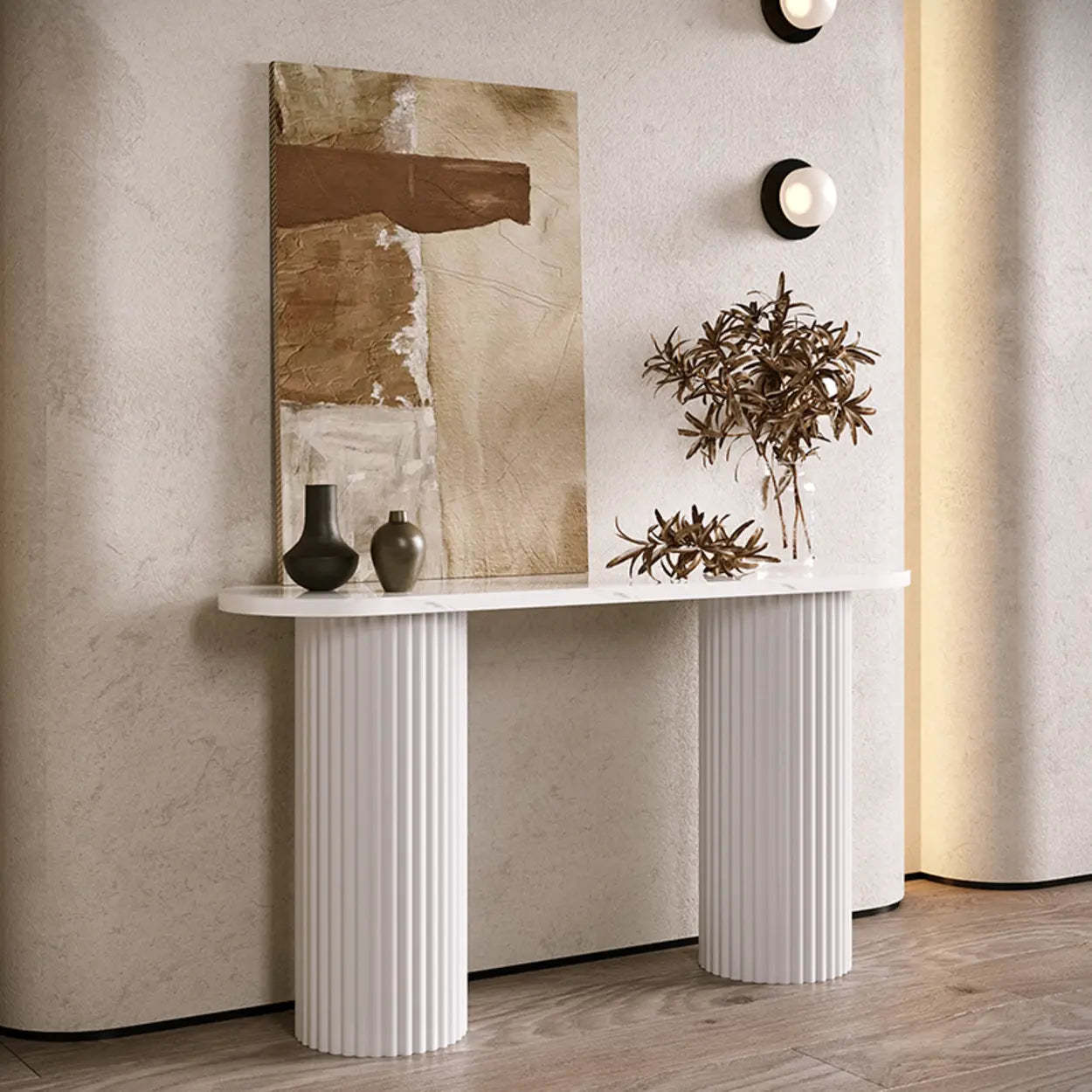 Double Pedestal Oval White Sintered Stone Console Table — Black / Black