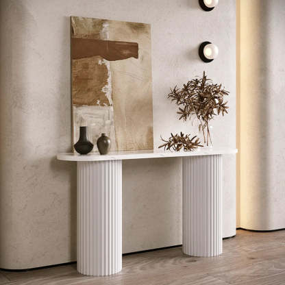 Double Pedestal Oval White Sintered Stone Console Table — Black / Black