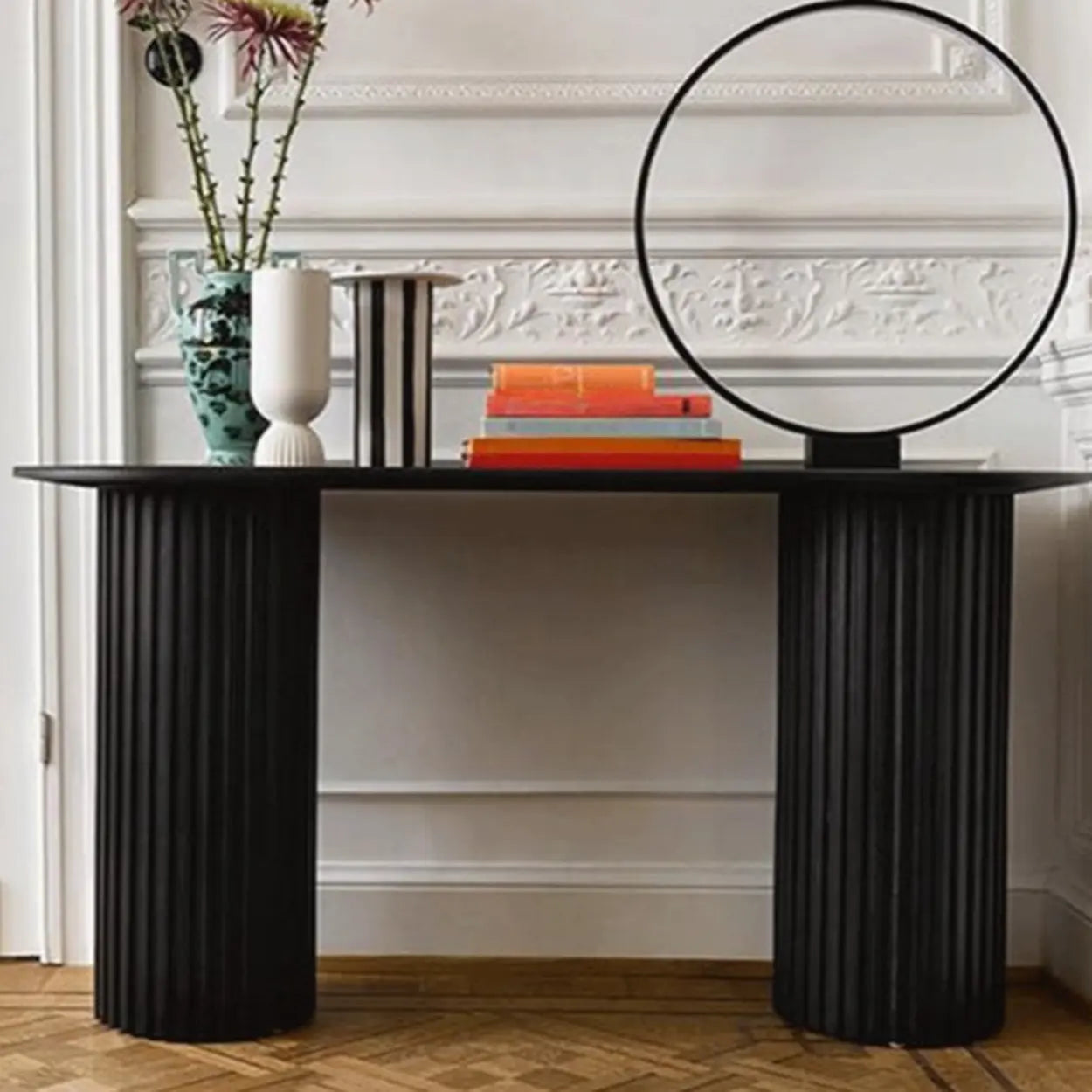 Double Pedestal Oval White Sintered Stone Console Table — White / White