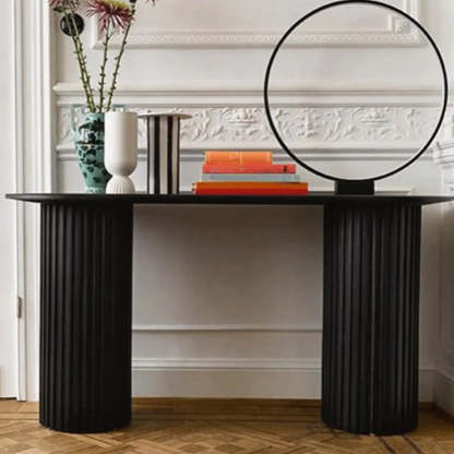 Double Pedestal Oval White Sintered Stone Console Table — White / White