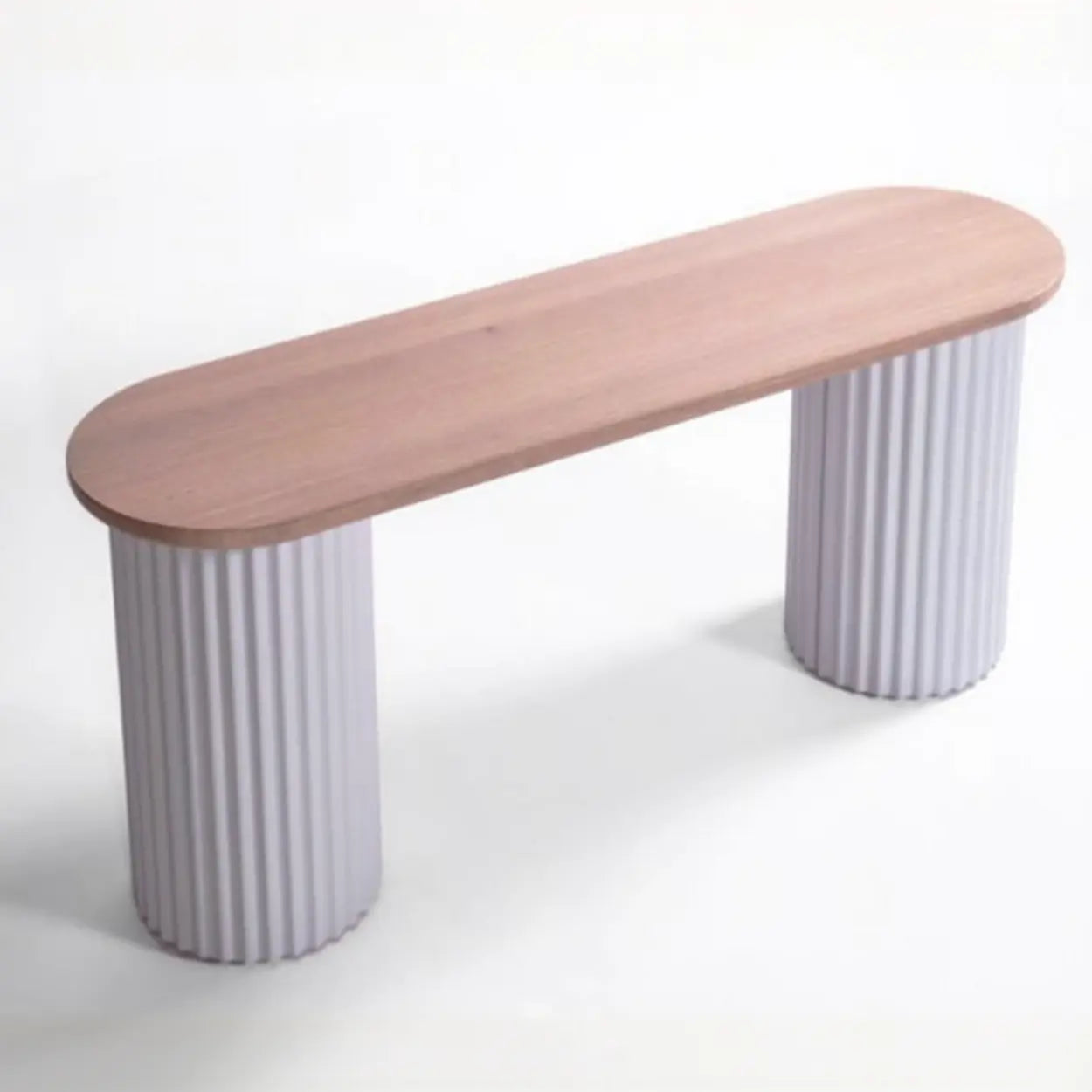 Double Pedestal Oval White Sintered Stone Console Table — White / Natural Finish