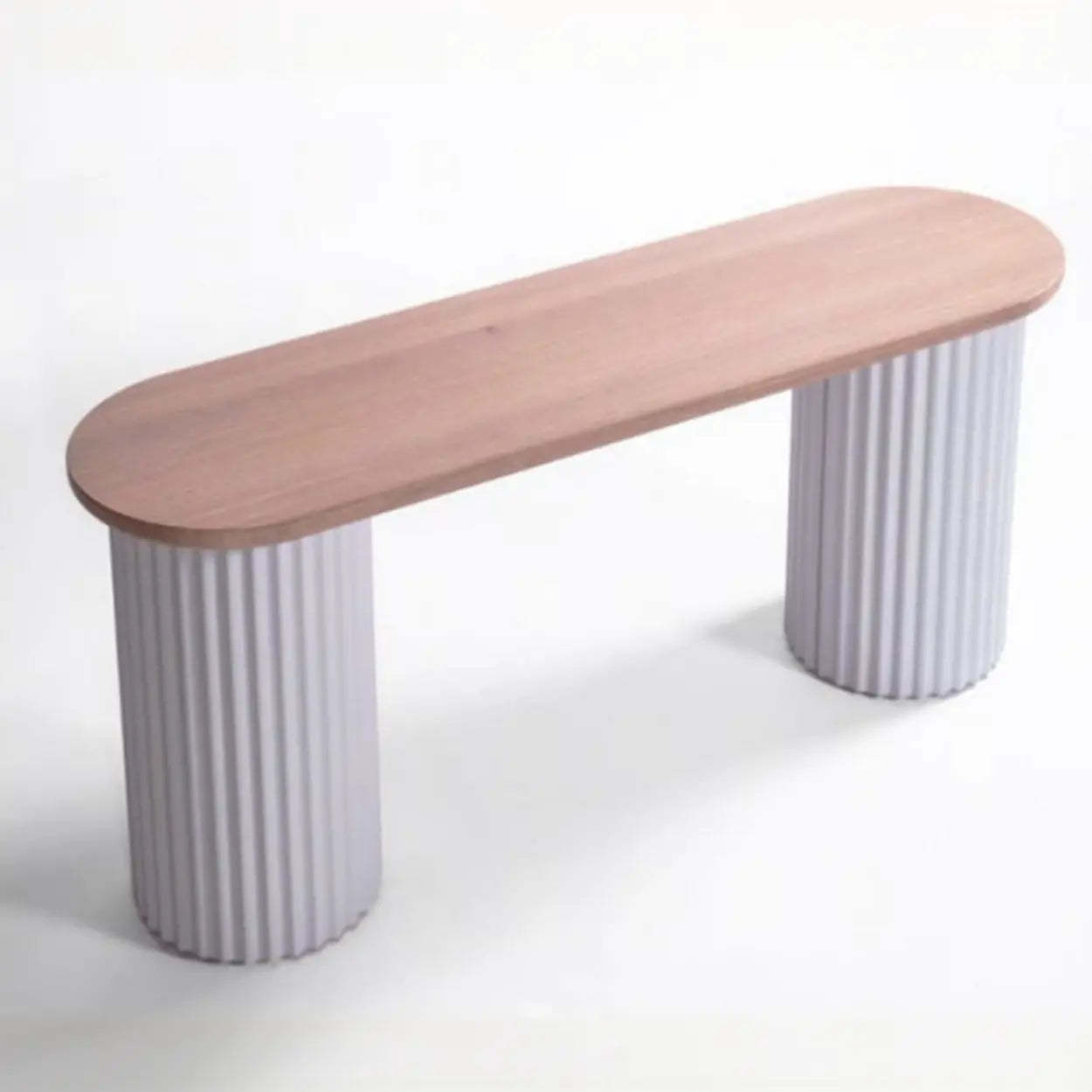 Double Pedestal Oval White Sintered Stone Console Table — White / Natural Finish