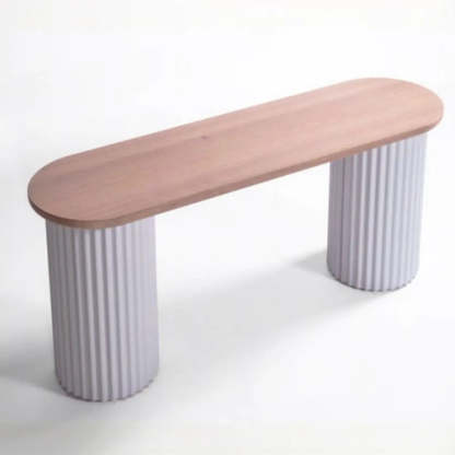 Double Pedestal Oval White Sintered Stone Console Table — White / Natural Finish