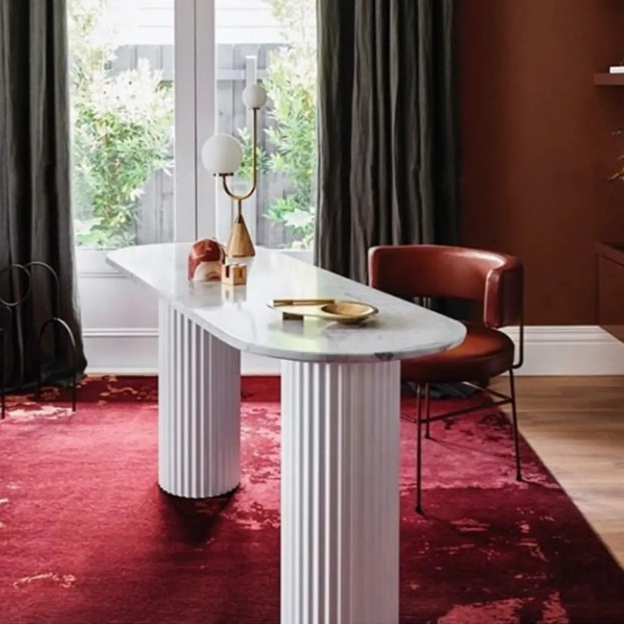 Double Pedestal Oval White Sintered Stone Console Table — Black / Black