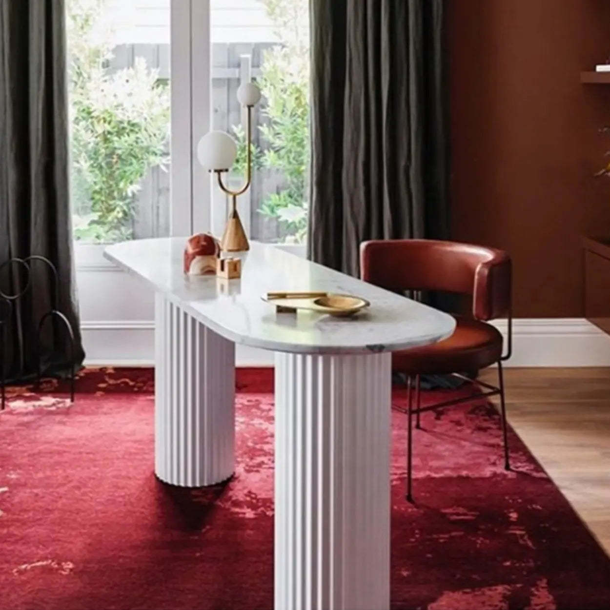 Double Pedestal Oval White Sintered Stone Console Table — Black / Black
