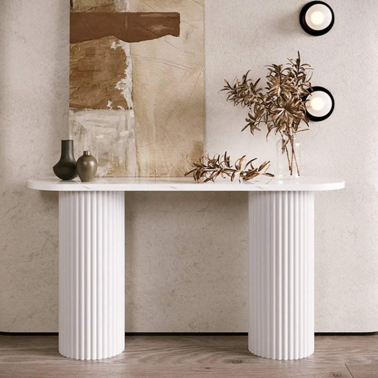 Double Pedestal Oval White Sintered Stone Console Table — White / White