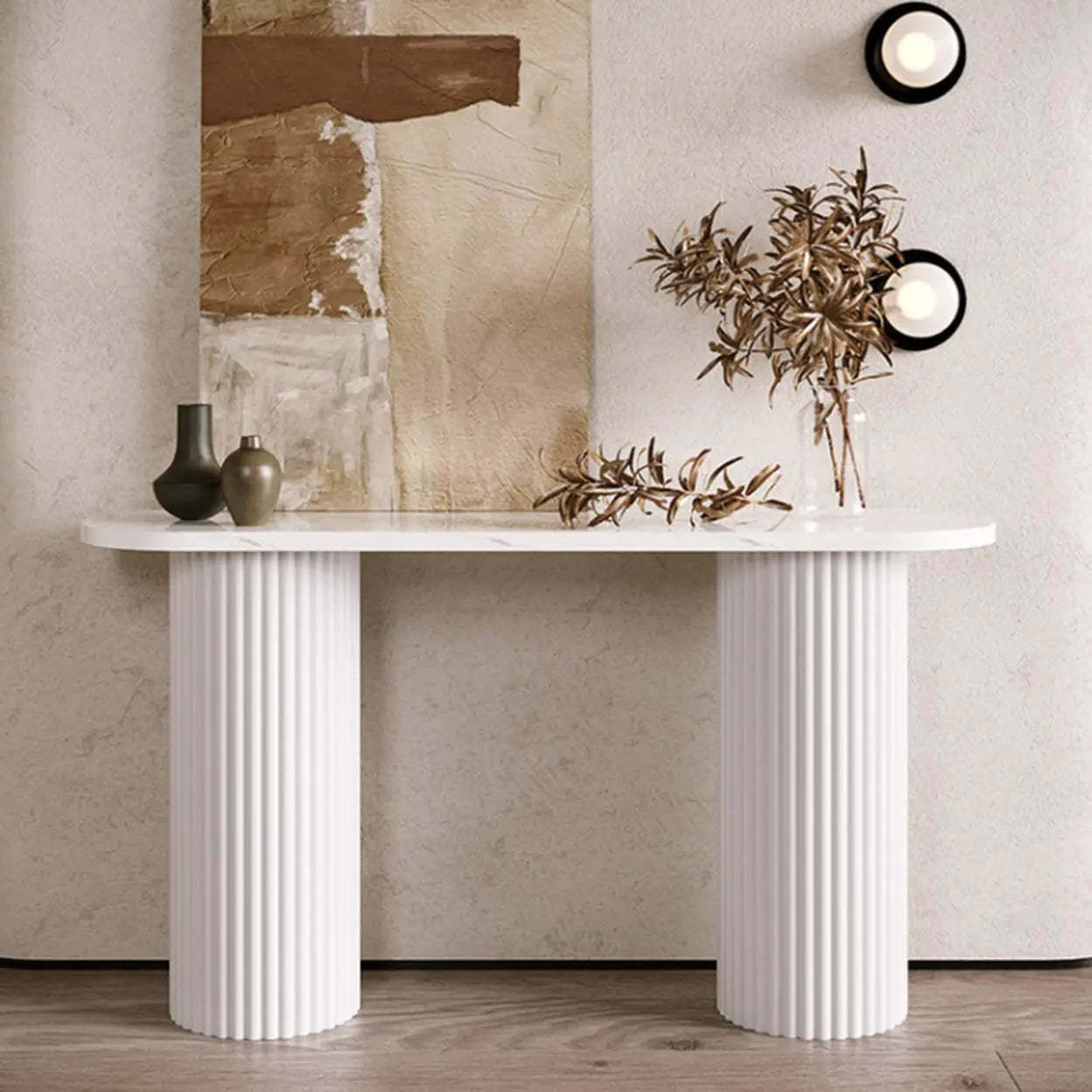 Double Pedestal Oval White Sintered Stone Console Table — White / White