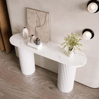 Double Pedestal Oval White Sintered Stone Console Table — White / Natural Finish