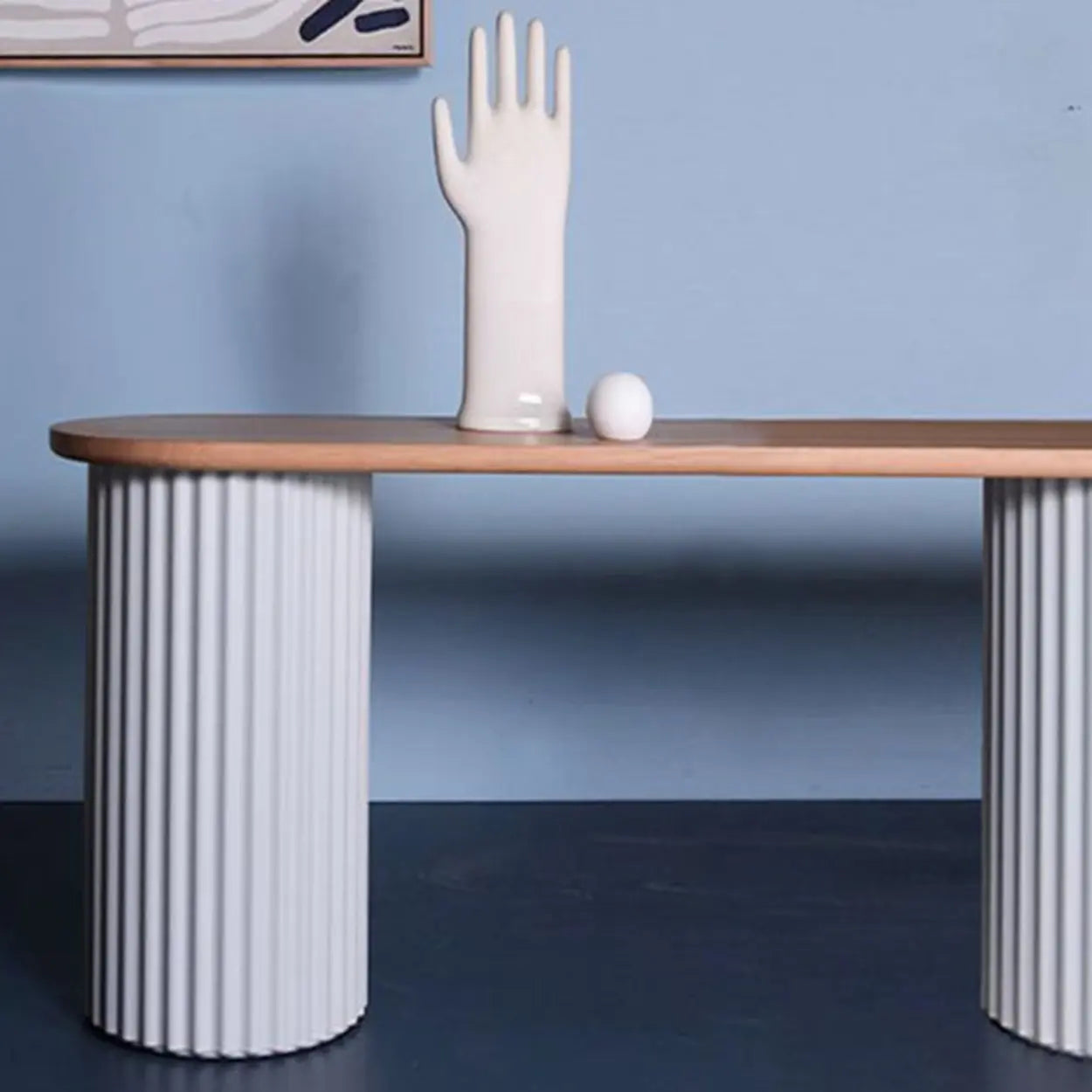 Double Pedestal Oval White Sintered Stone Console Table — Black / Black