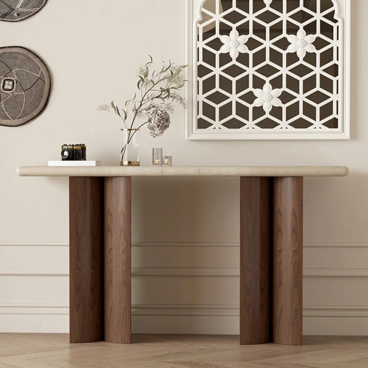 Double-Pedestal Ivory Rectangular Marble Wood Console Table