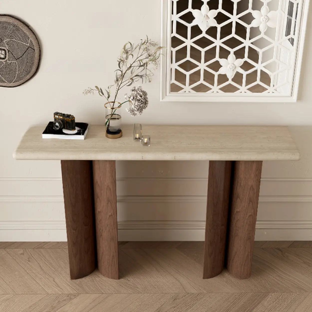 Double-Pedestal Ivory Rectangular Marble Wood Console Table