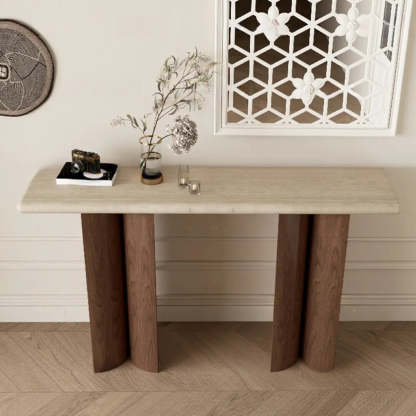 Double-Pedestal Ivory Rectangular Marble Wood Console Table