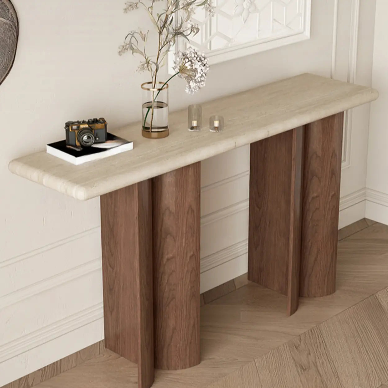 Double-Pedestal Ivory Rectangular Marble Wood Console Table