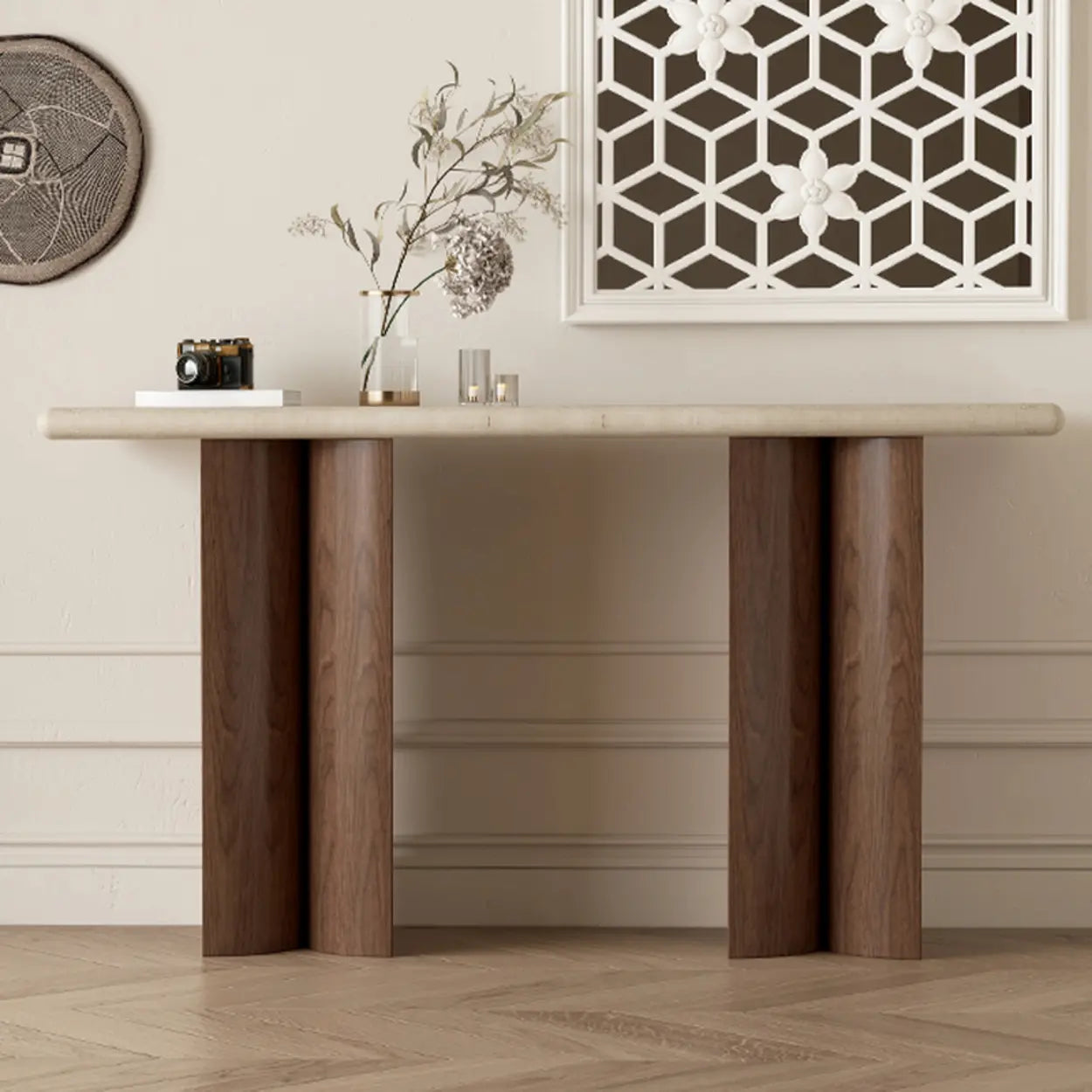 Double-Pedestal Ivory Rectangular Marble Wood Console Table