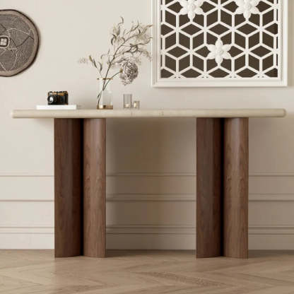 Double-Pedestal Ivory Rectangular Marble Wood Console Table