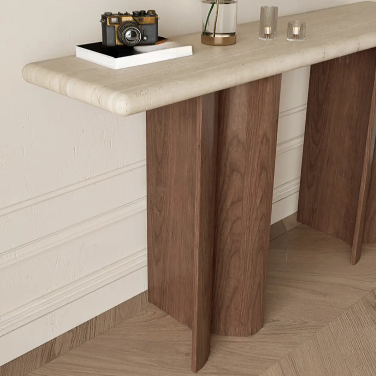 Double-Pedestal Ivory Rectangular Marble Wood Console Table