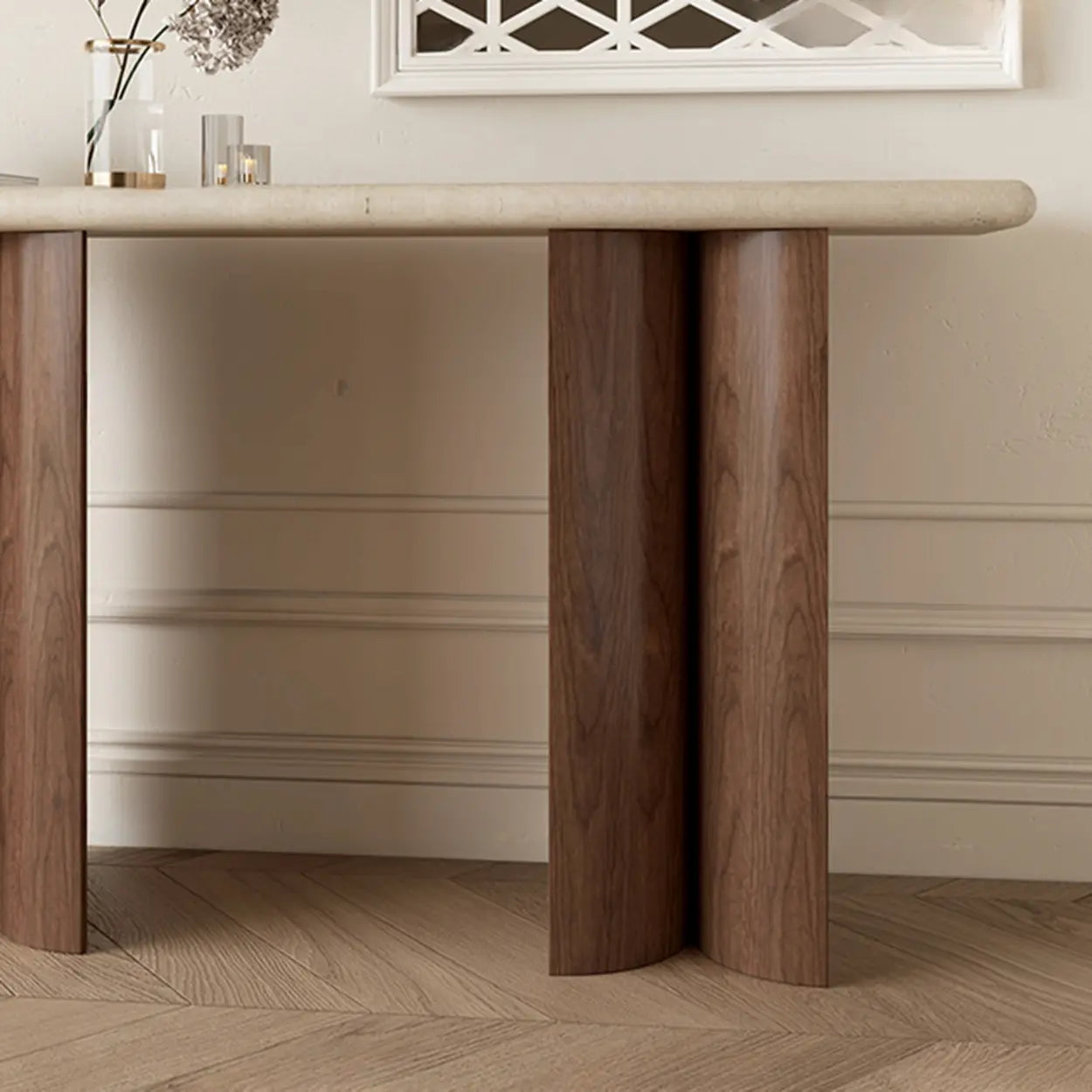 Double-Pedestal Ivory Rectangular Marble Wood Console Table