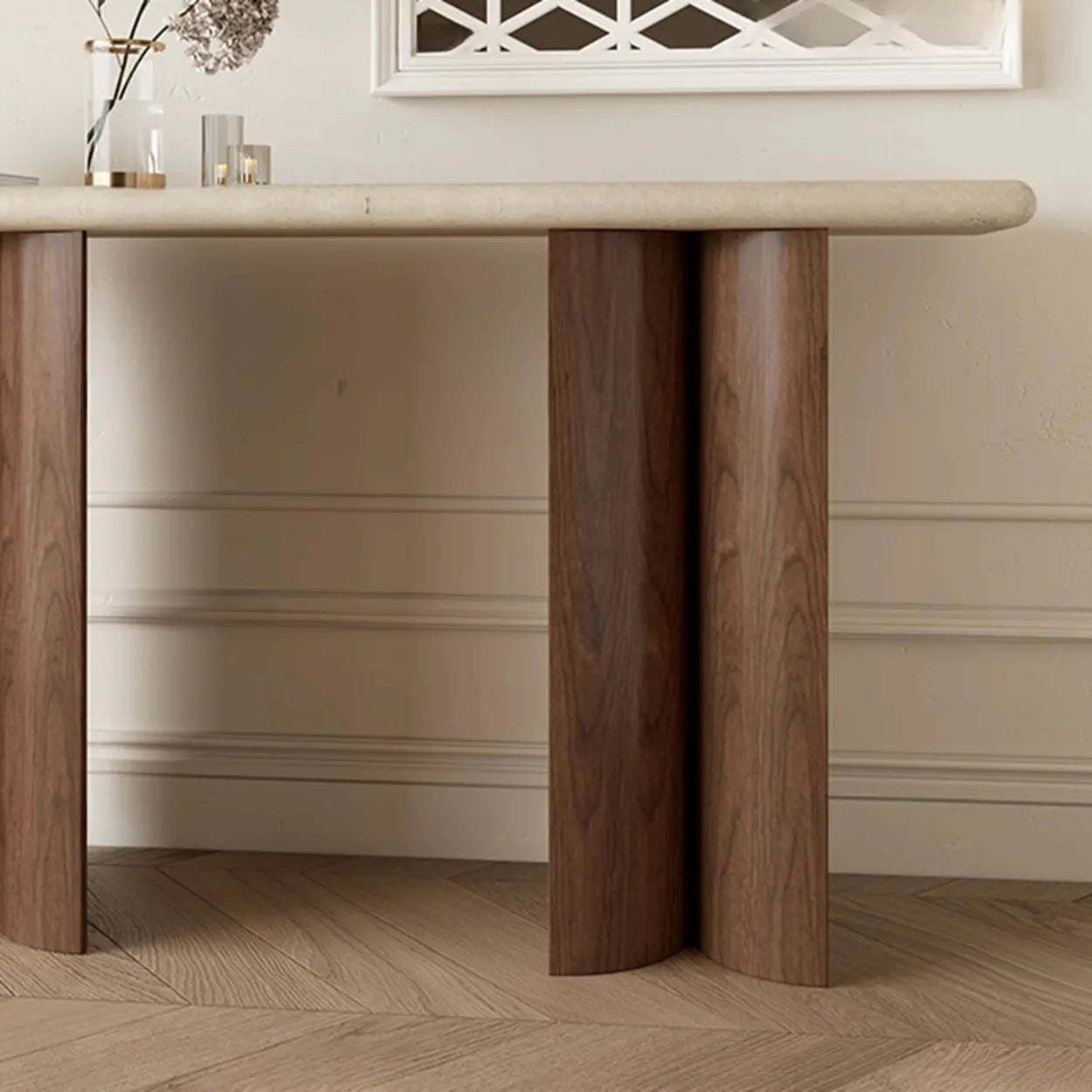 Double-Pedestal Ivory Rectangular Marble Wood Console Table