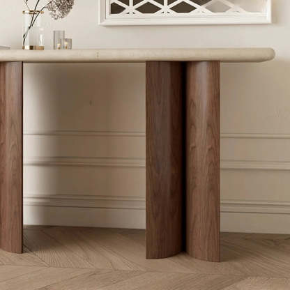 Double-Pedestal Ivory Rectangular Marble Wood Console Table