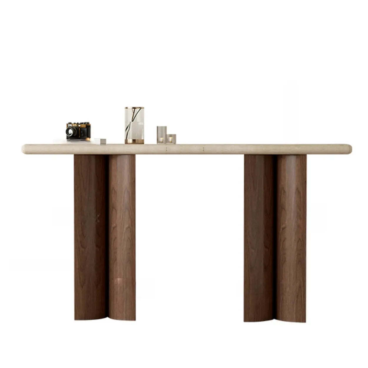 Double-Pedestal Ivory Rectangular Marble Wood Console Table
