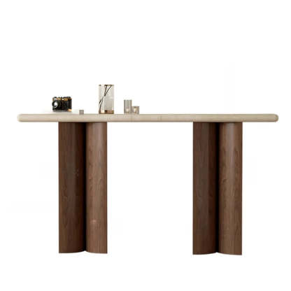 Double-Pedestal Ivory Rectangular Marble Wood Console Table